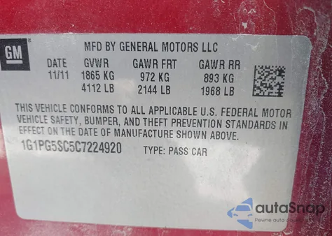 2012 Chevrolet Cruze 2Lt из США, поврежденный, VIN 1G1PG5SC5C7224920